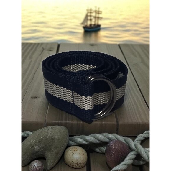 Nautical Belt Navy Blue White Stripe Canvas D-Ring Adjustable Preppy Unisex 36 - Picture 1 of 8